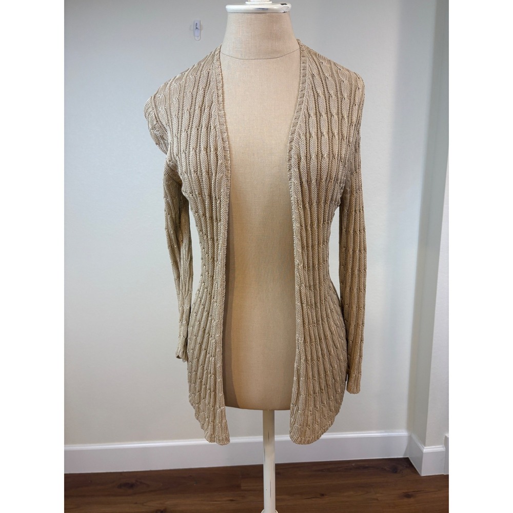 Chico's Cardigan Women Size 0 Tan Open Front Stretch Cable Knit minimalist basic